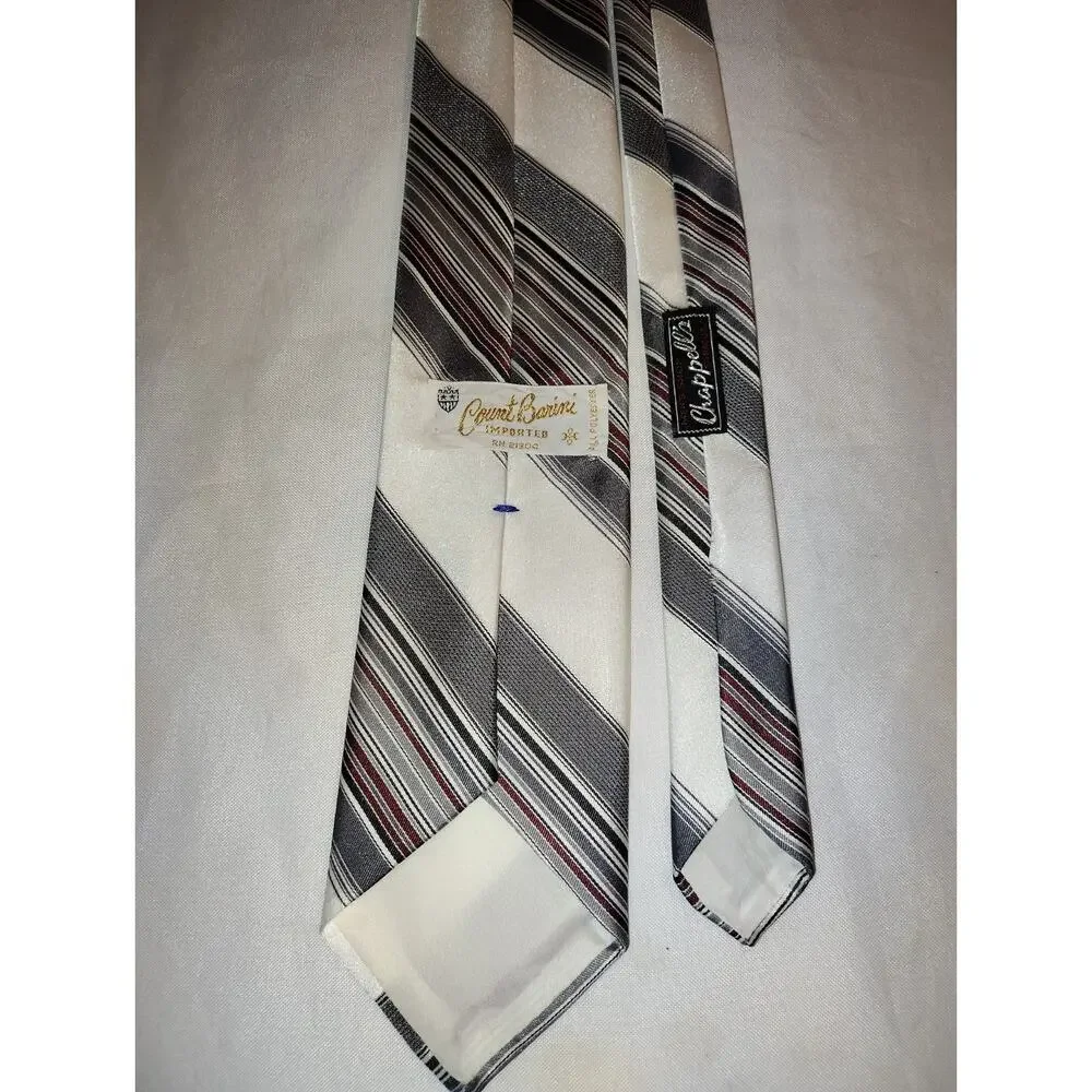 Vintage 1970s Polyester Count Barini Stripe Necktie Burgundy Black Gray White